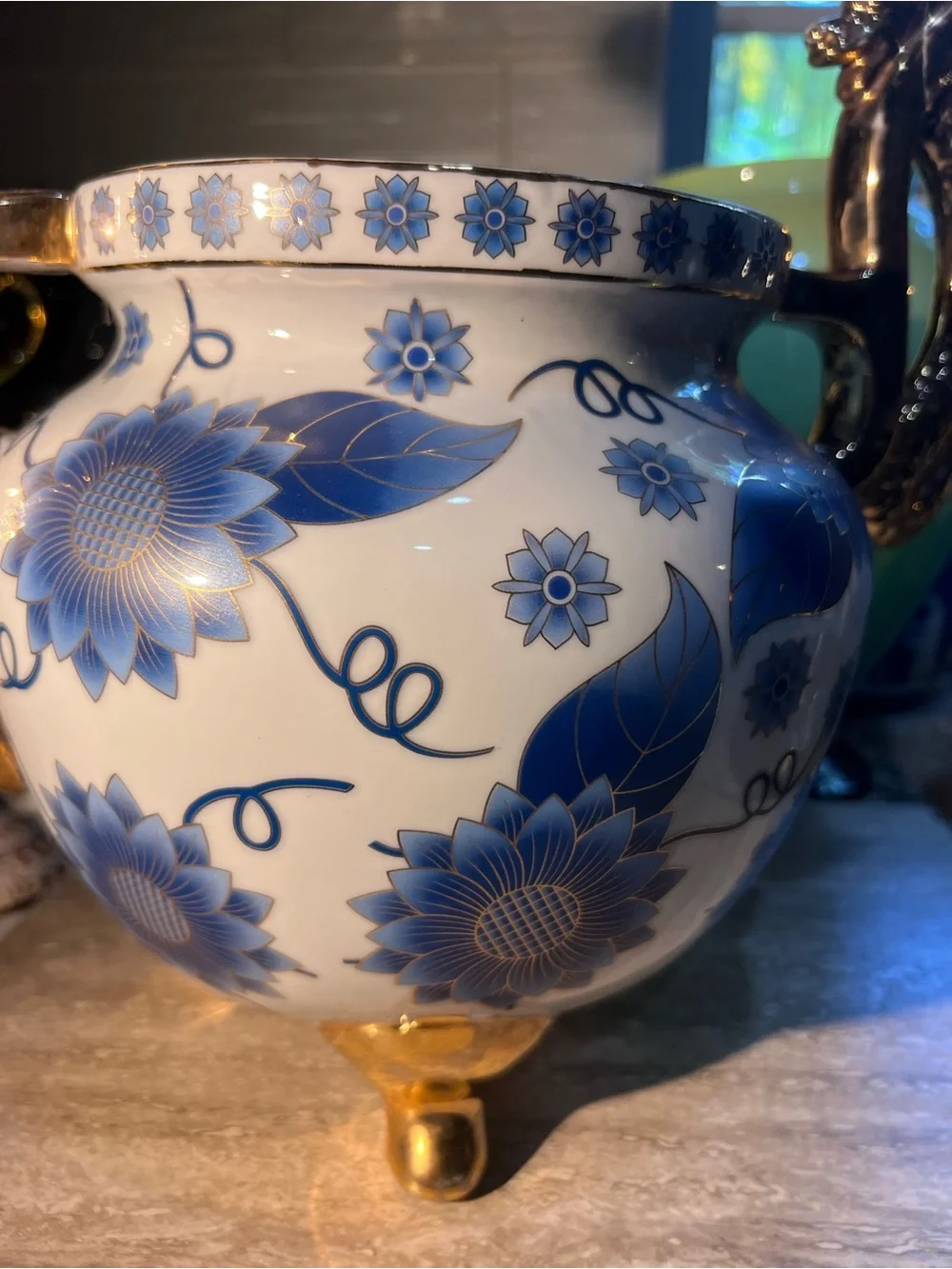 Blue Floral Porcelain Urn with Gold Dragon Handles